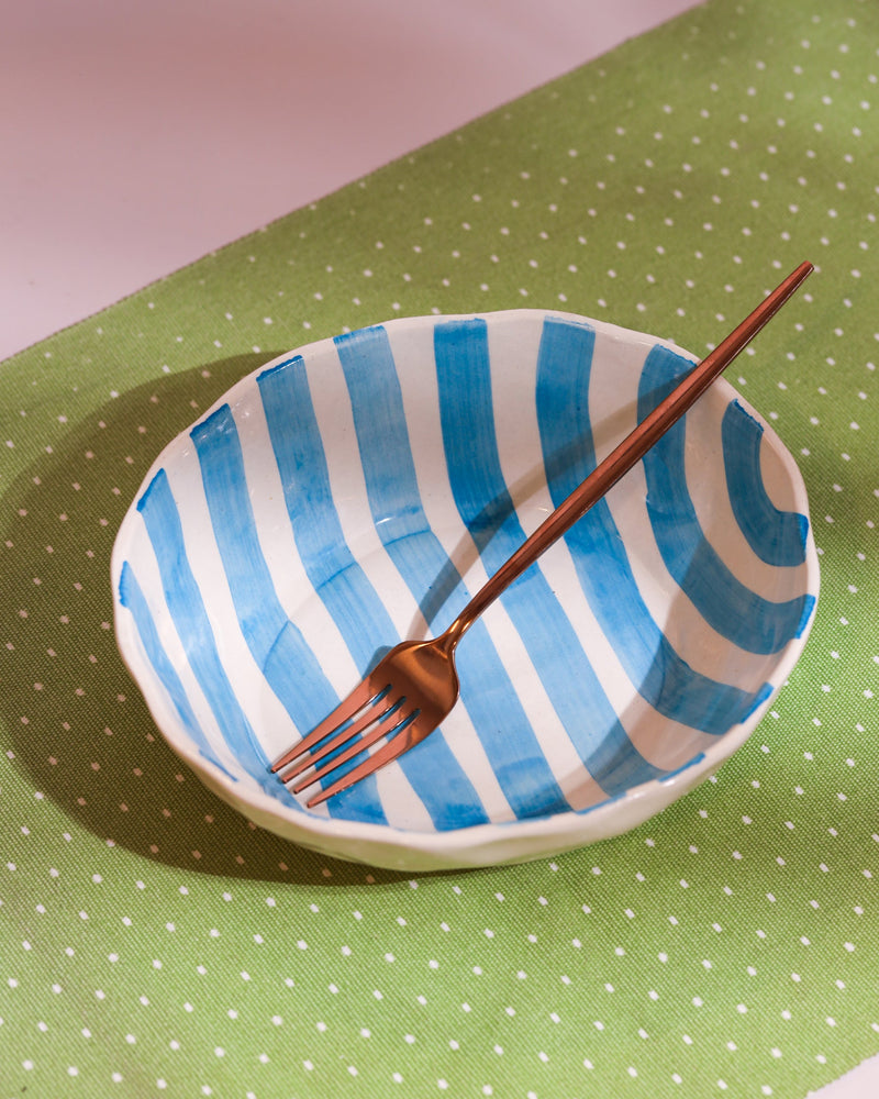 Alamkari India Ceramic Hand-Painted Aqua Striped Ceramic Bowl