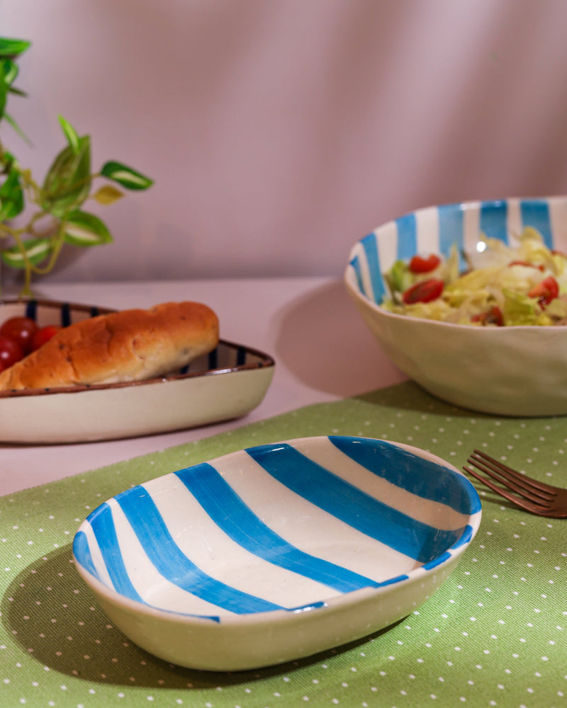 Alamkari India Ceramic Hand-Painted Aqua Striped Ceramic Oval Bowl