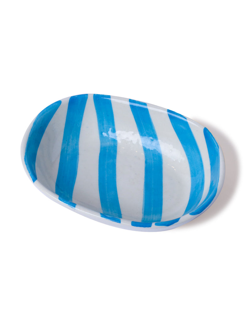 Alamkari India Ceramic Hand-Painted Aqua Striped Ceramic Oval Bowl