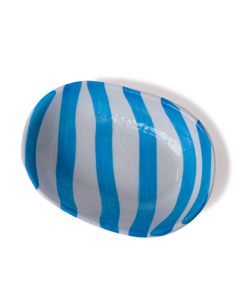 Alamkari India Ceramic Hand-Painted Aqua Striped Ceramic Oval Bowl