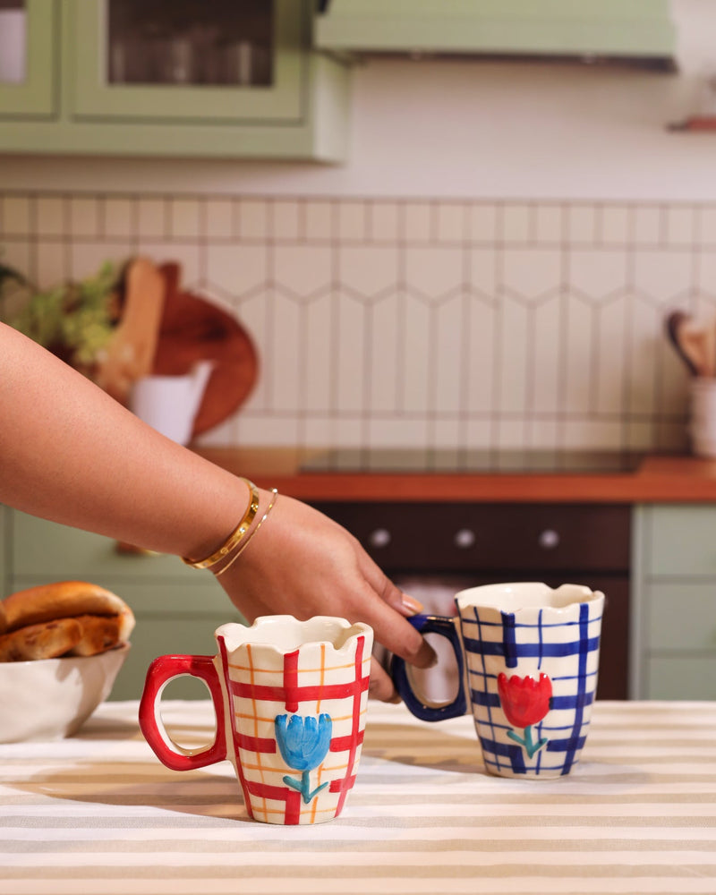 Alamkari India Ceramic Hand-Painted Blue Gingham Tulip Mug