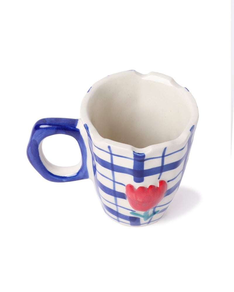 Alamkari India Ceramic Hand-Painted Blue Gingham Tulip Mug