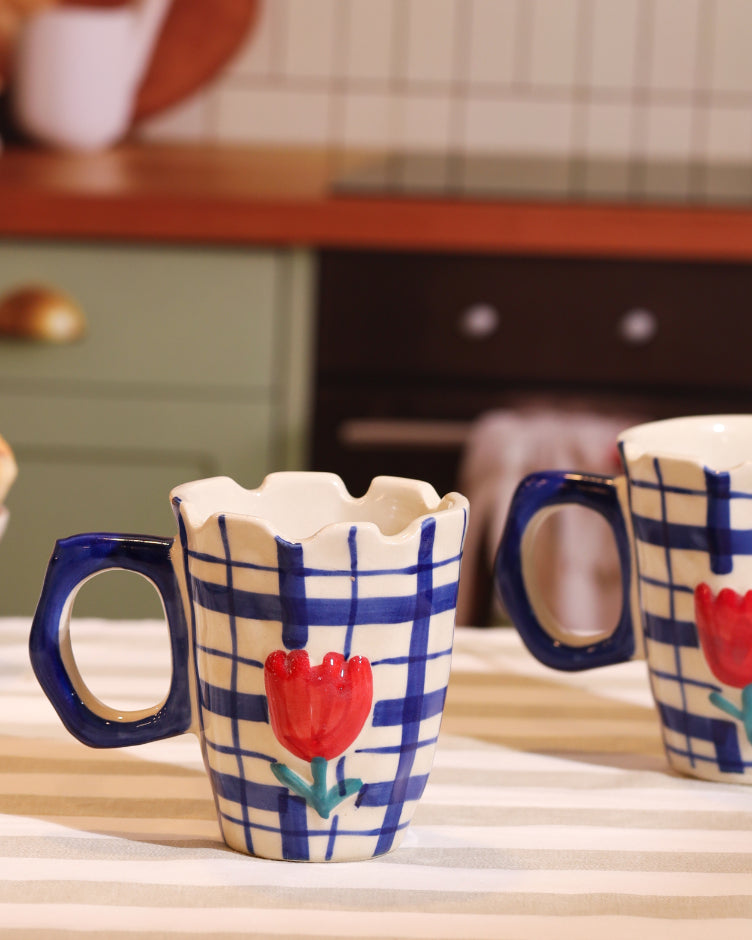 Alamkari India Ceramic Hand-Painted Blue Gingham Tulip Mug