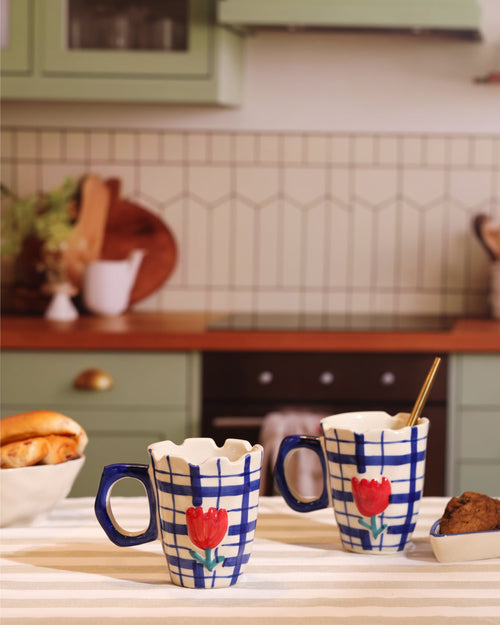 Alamkari India Ceramic Hand-Painted Blue Gingham Tulip Mug