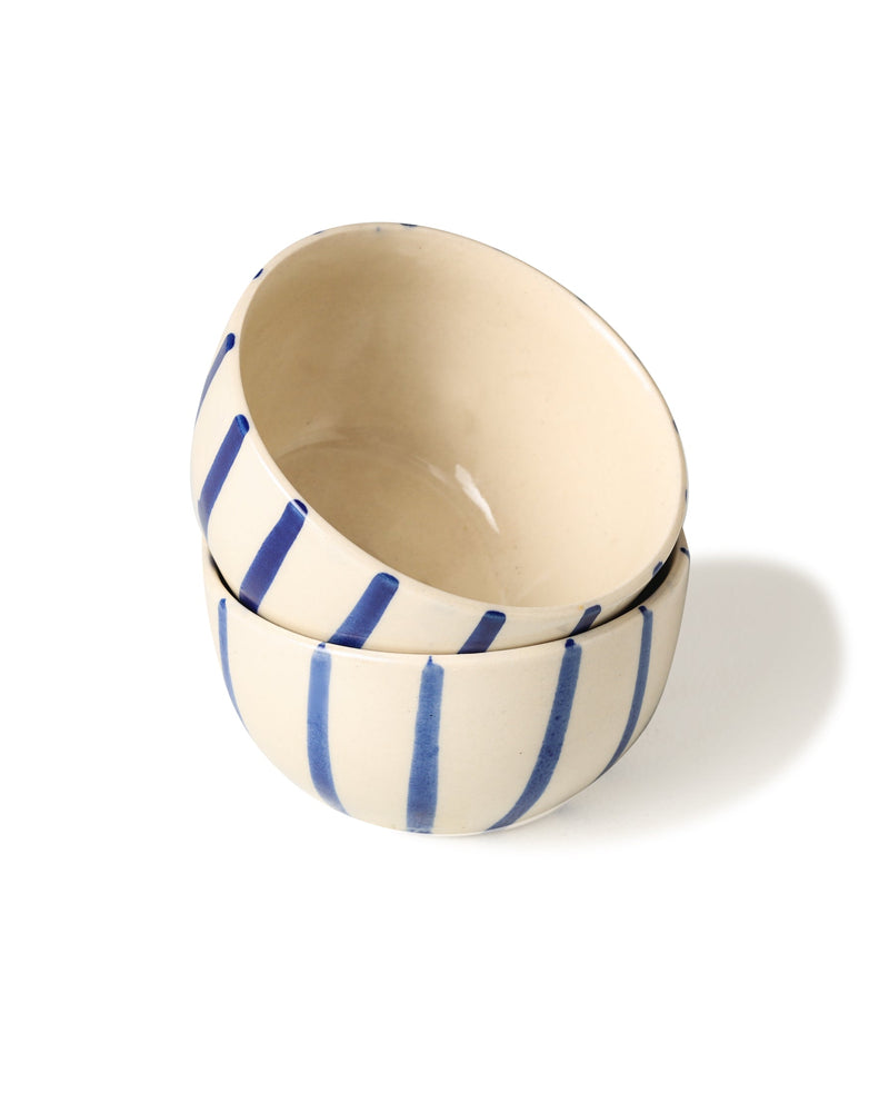 Alamkari India Ceramic Hand-Painted Blue Striped Ceramic Bowl Set