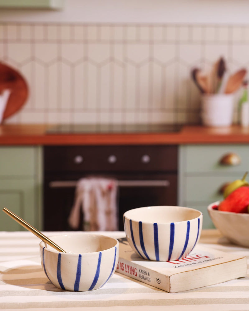 Alamkari India Ceramic Hand-Painted Blue Striped Ceramic Bowl Set