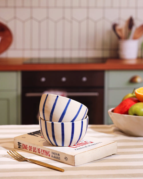 Alamkari India Ceramic Hand-Painted Blue Striped Ceramic Bowl Set