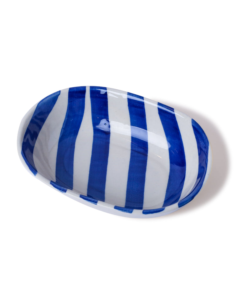 Alamkari India Ceramic Hand-Painted Blue Striped Ceramic Oval Bowl