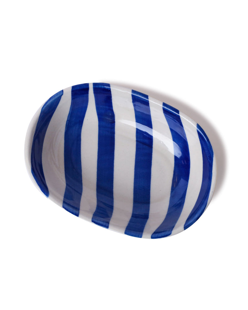Alamkari India Ceramic Hand-Painted Blue Striped Ceramic Oval Bowl