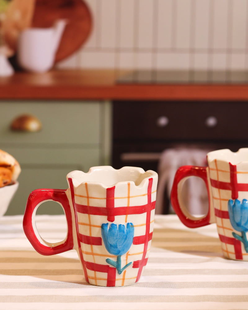 Alamkari India Ceramic Hand-Painted Gingham Tulip Mug