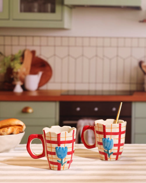 Alamkari India Ceramic Hand-Painted Gingham Tulip Mug