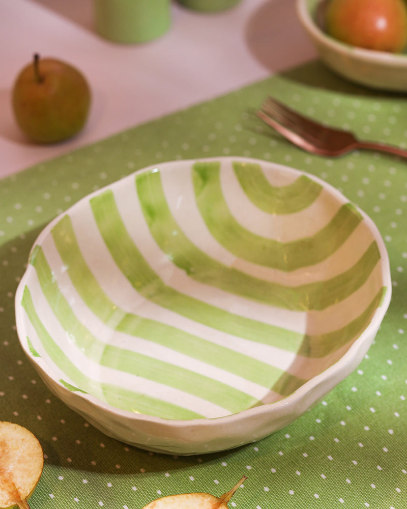 Alamkari India Ceramic Hand-Painted Green Striped Ceramic Bowl