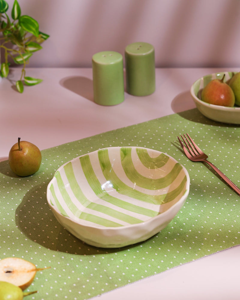 Alamkari India Ceramic Hand-Painted Green Striped Ceramic Bowl