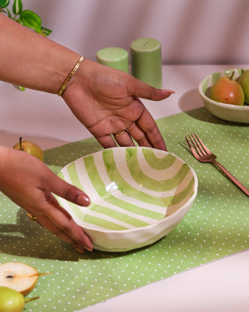 Alamkari India Ceramic Hand-Painted Green Striped Ceramic Bowl