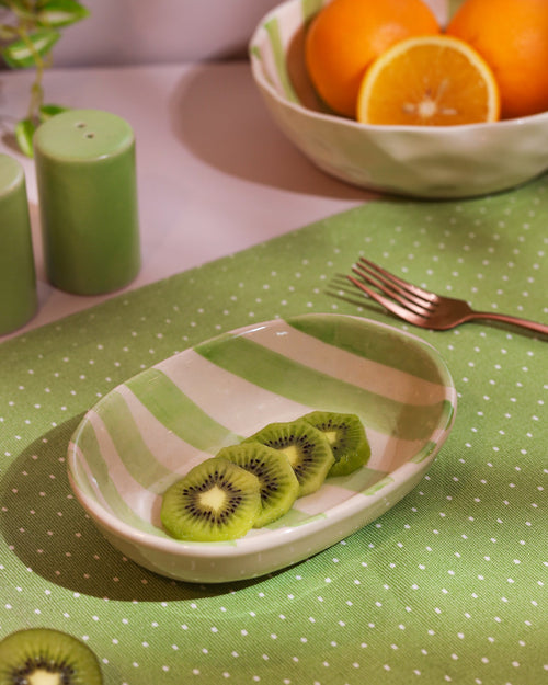 Alamkari India Ceramic Hand-Painted Green Striped Ceramic Oval Bowl