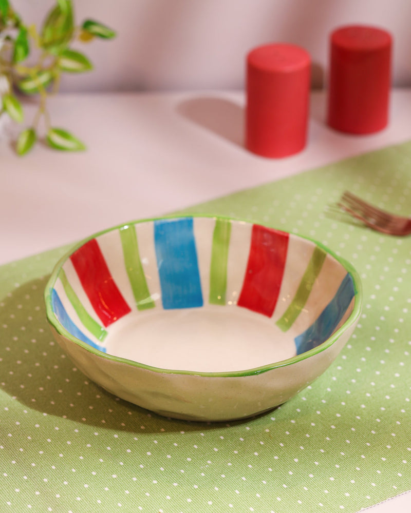 Alamkari India Ceramic Hand-Painted Multicolor Striped Ceramic Bowl