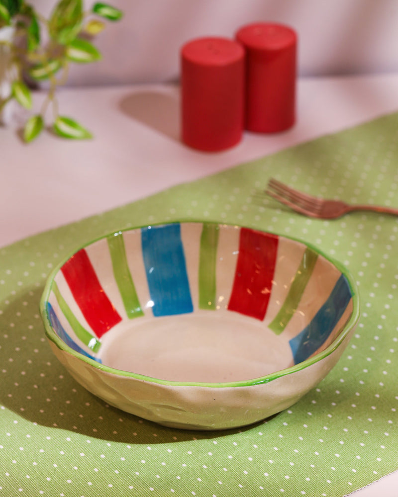 Alamkari India Ceramic Hand-Painted Multicolor Striped Ceramic Bowl