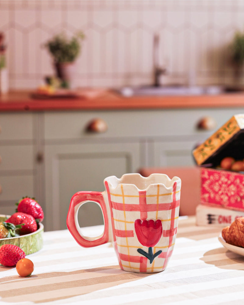 Alamkari India Ceramic Hand-Painted Pink Gingham Tulip Mug