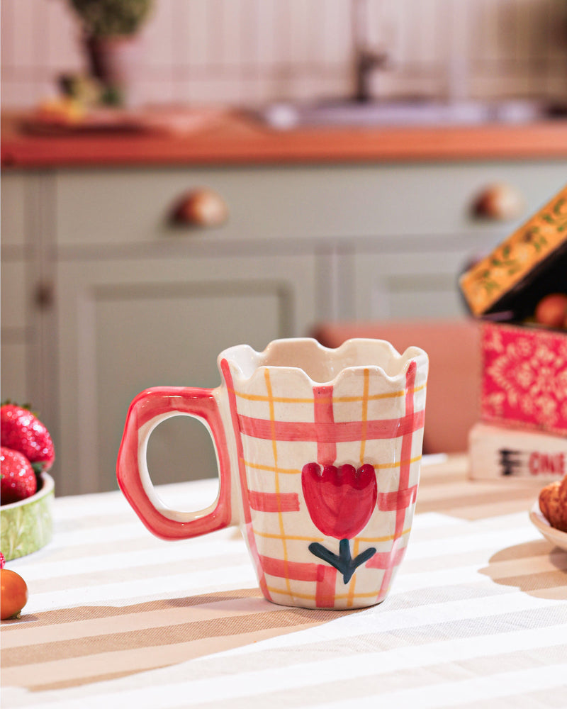 Alamkari India Ceramic Hand-Painted Pink Gingham Tulip Mug