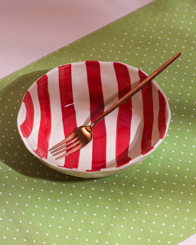 Alamkari India Ceramic Hand-Painted Red Striped Ceramic Bowl