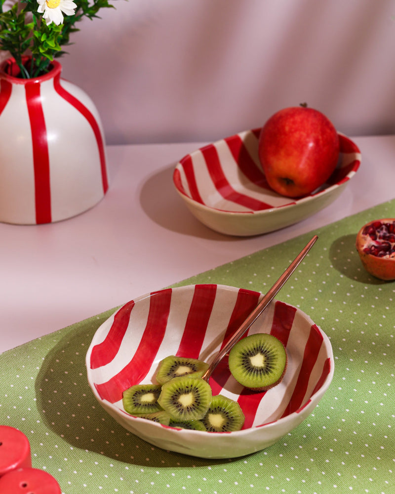 Alamkari India Ceramic Hand-Painted Red Striped Ceramic Bowl