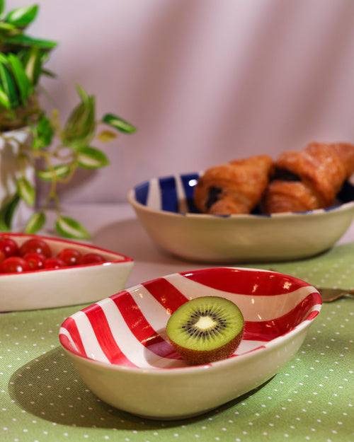 Alamkari India Ceramic Hand-Painted Red Striped Ceramic Oval Bowl