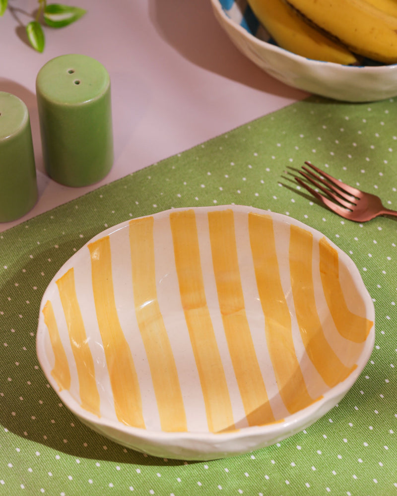 Alamkari India Ceramic Hand-Painted Yellow Striped Ceramic Bowl