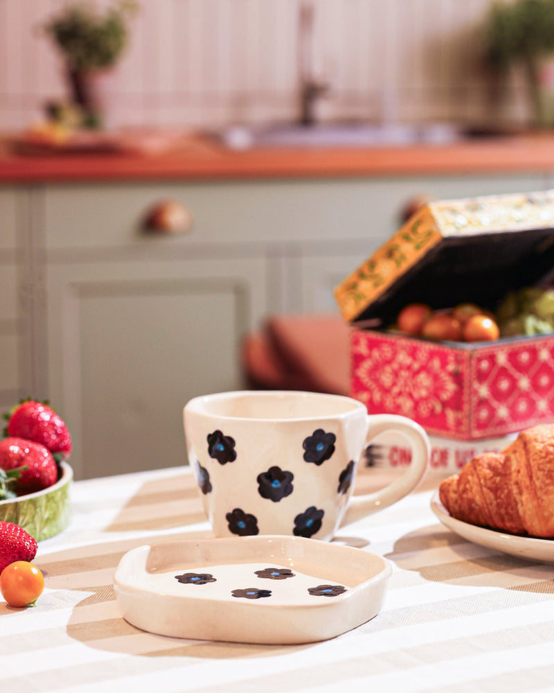 Alamkari India Ceramic Midnight Blossom Handcrafted Cup Saucer Set