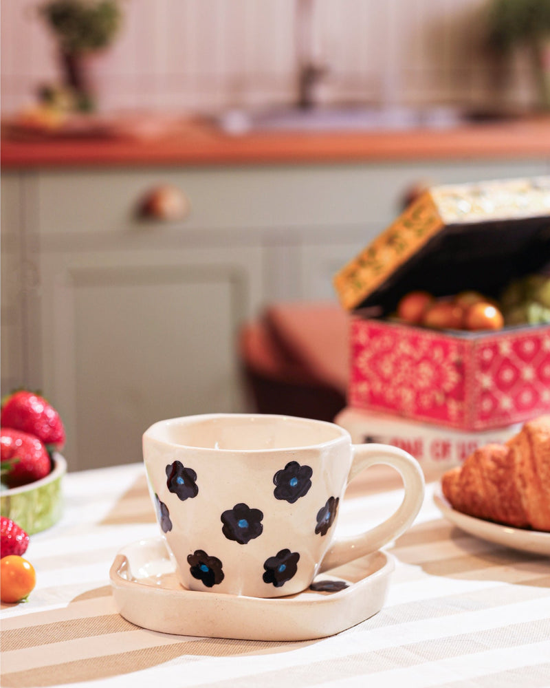 Alamkari India Ceramic Midnight Blossom Handcrafted Cup Saucer Set