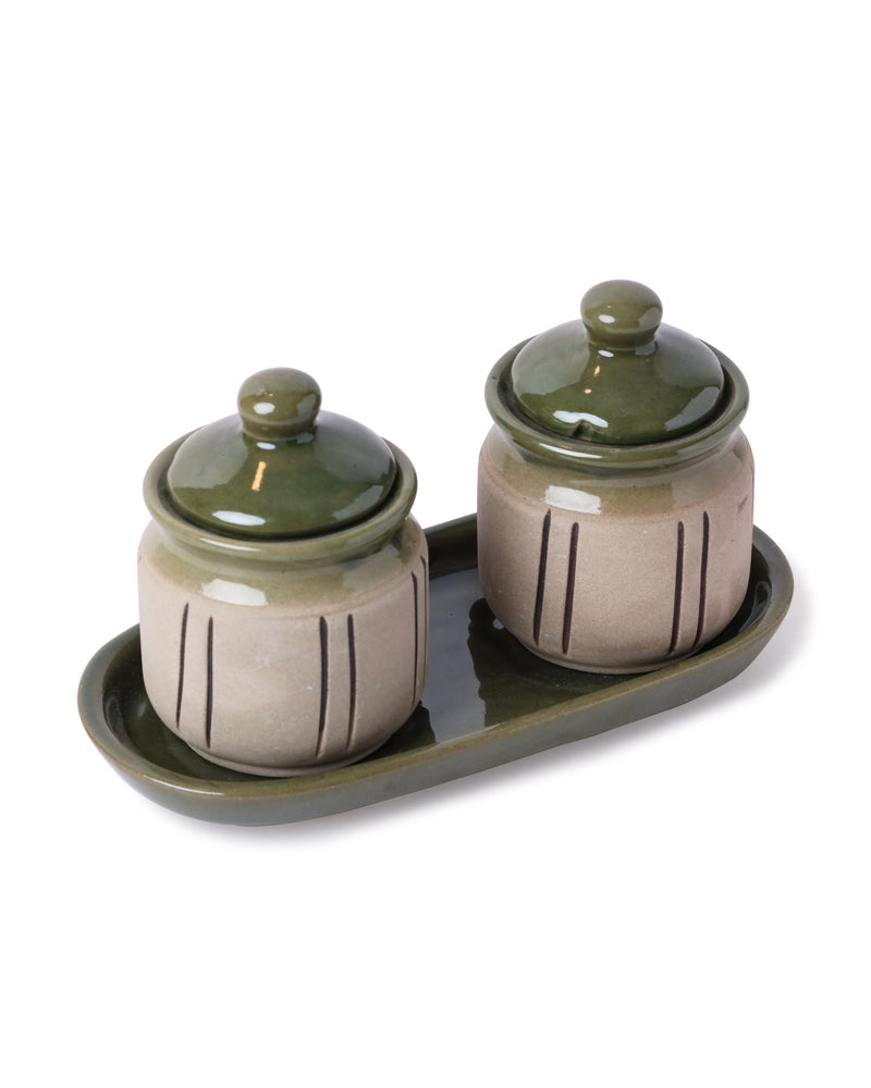 Alamkari India Ceramic Rustic Ceramic 2 Jar Set with Tray