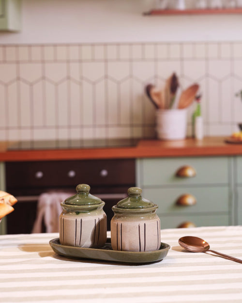 Alamkari India Ceramic Rustic Ceramic 2 Jar Set with Tray