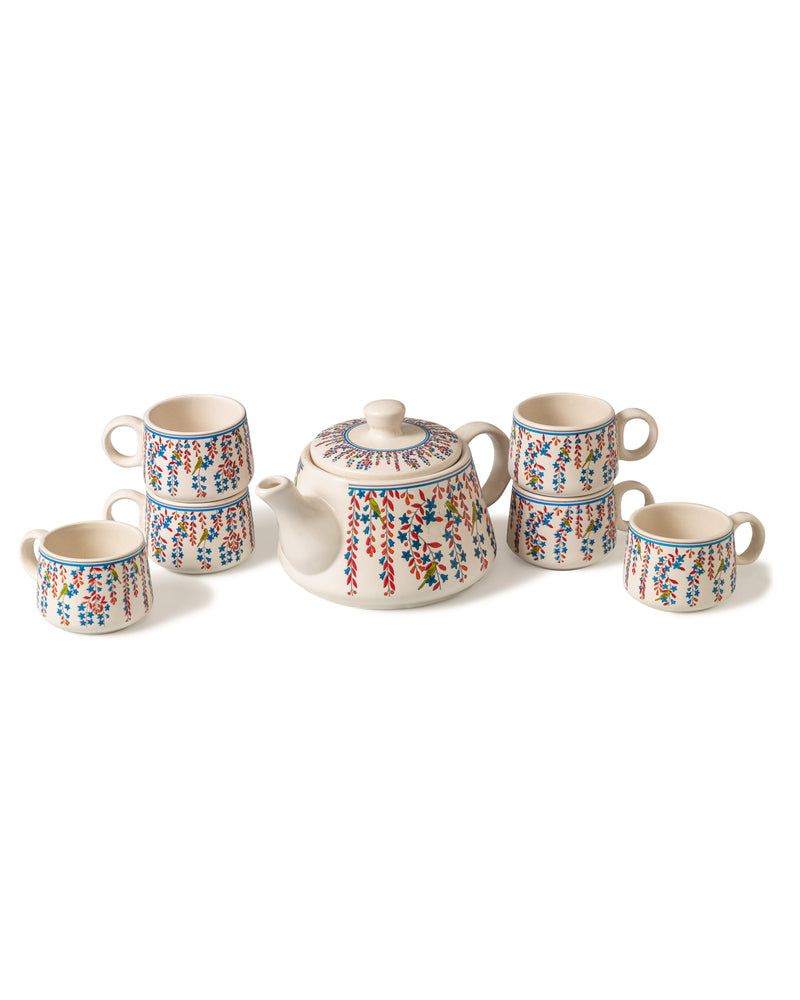 Alamkari India Ceramic Springy Floral Tea-Pot Set