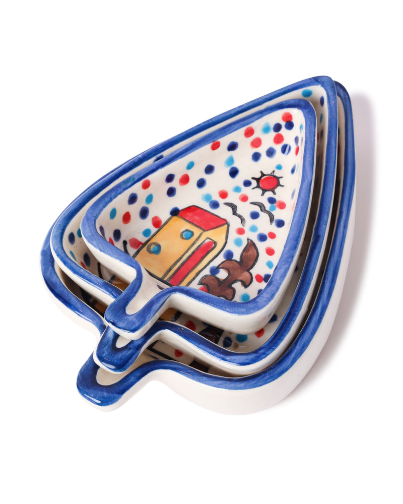 Alamkari India Ceramic Whimsical Village Hand-Painted Platter Set