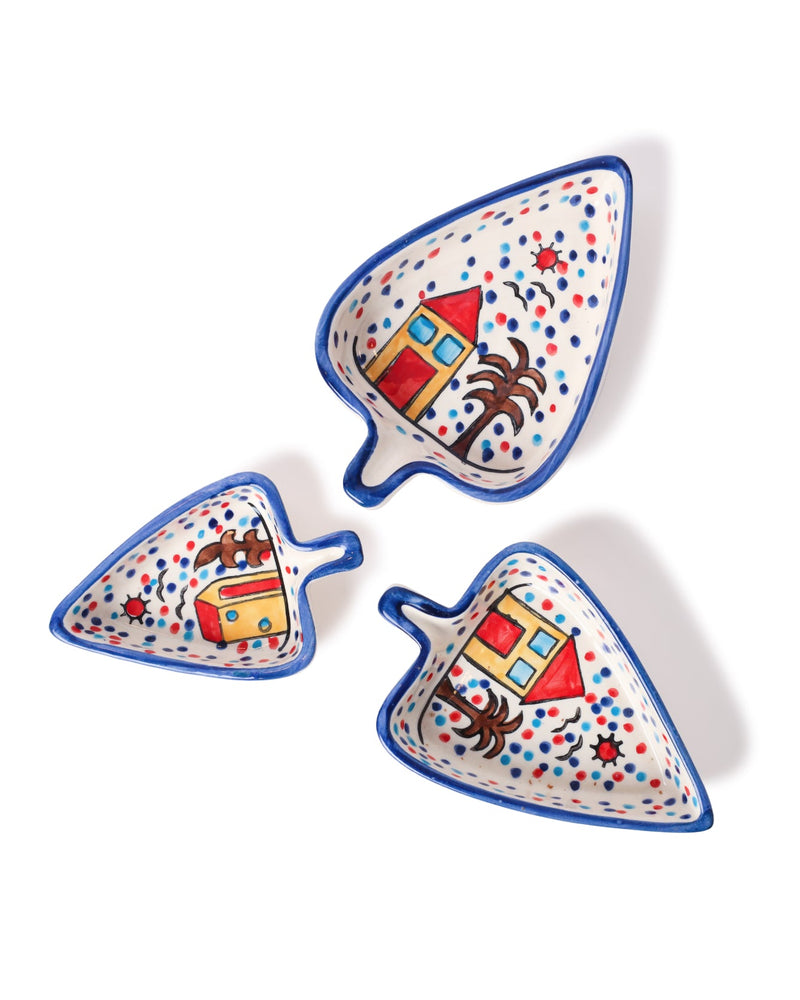 Alamkari India Ceramic Whimsical Village Hand-Painted Platter Set