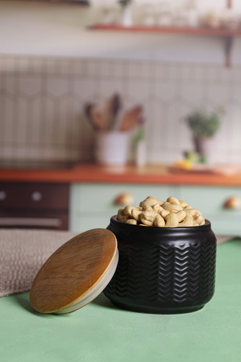Alamkari India Chevron Chic Ceramic Jars with Wooden Lids