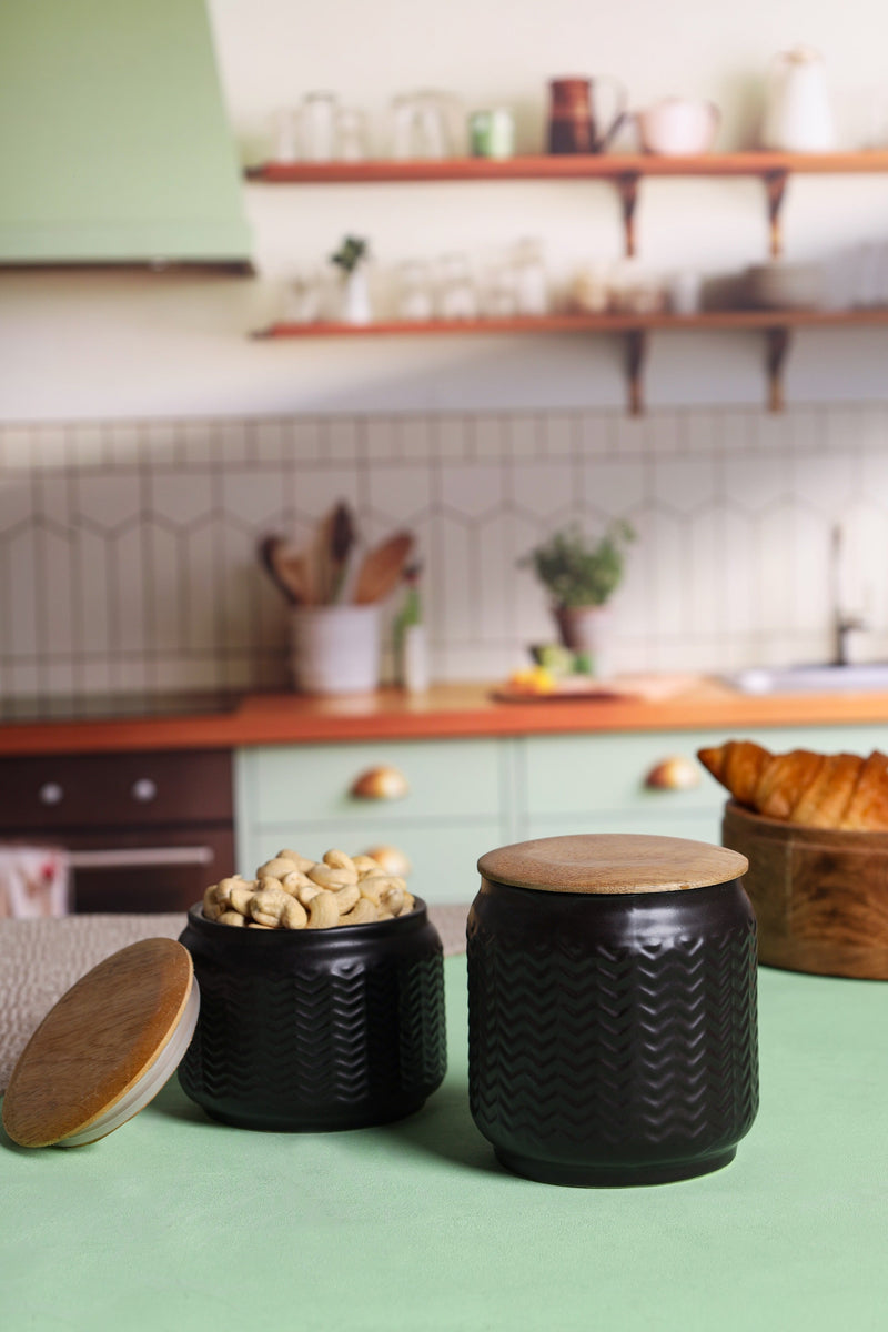 Alamkari India Chevron Chic Ceramic Jars with Wooden Lids