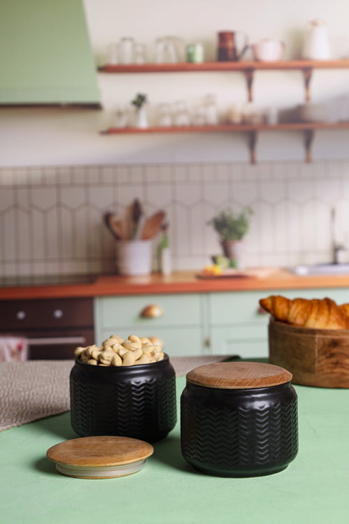 Alamkari India Chevron Chic Ceramic Jars with Wooden Lids