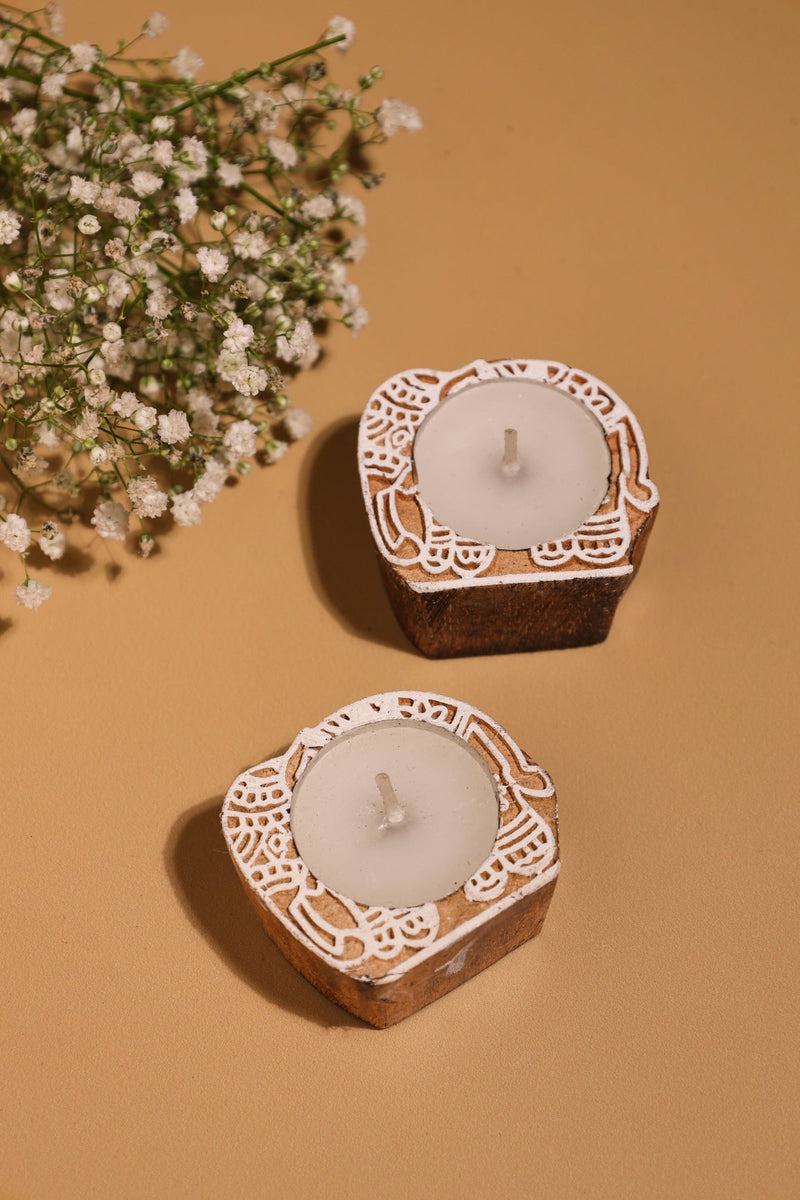 Alamkari India Elephant Block Print Wooden Tealight Holder