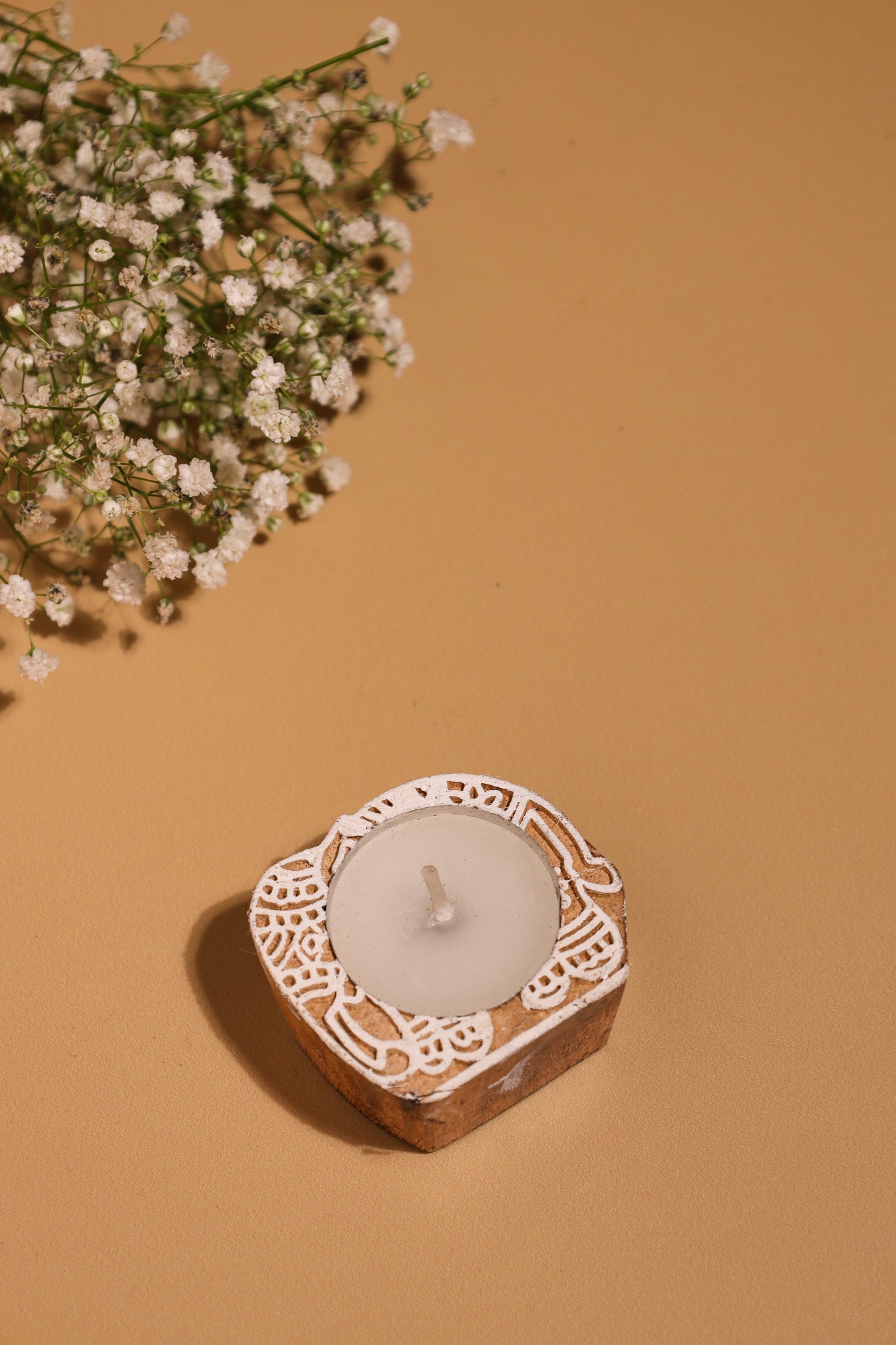 Alamkari India Elephant Block Print Wooden Tealight Holder