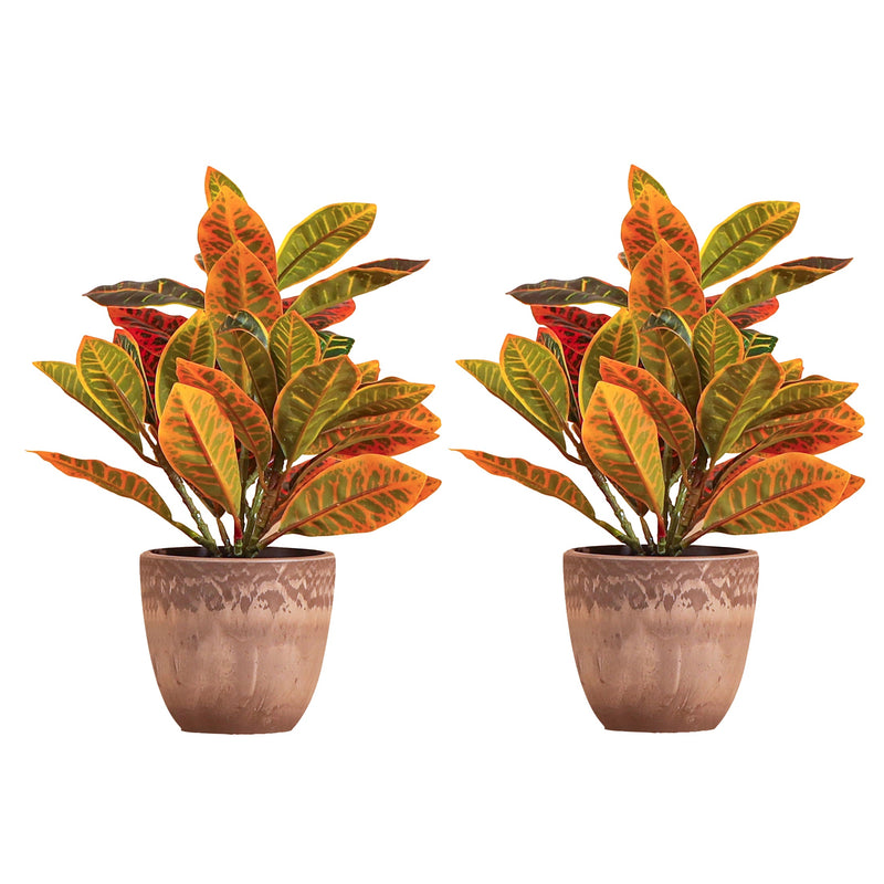 Alamkari India Fabric Artificial Potted Croton Plants (Multicolored, 30 cm, Set of 2)