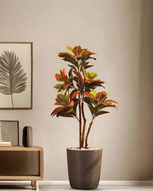 Alamkari India Fabric & Plastic Artificial Croton Plant in Black Pot (120 cm)