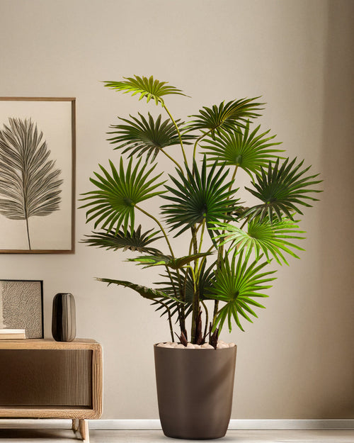 Alamkari India Fabric & Plastic Artificial Fan Palm in Black Pot (120 cm)