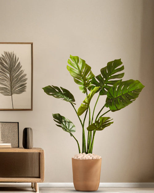 Alamkari India Fabric & Plastic Artificial Monstera Plant in Black Pot (90 cm)