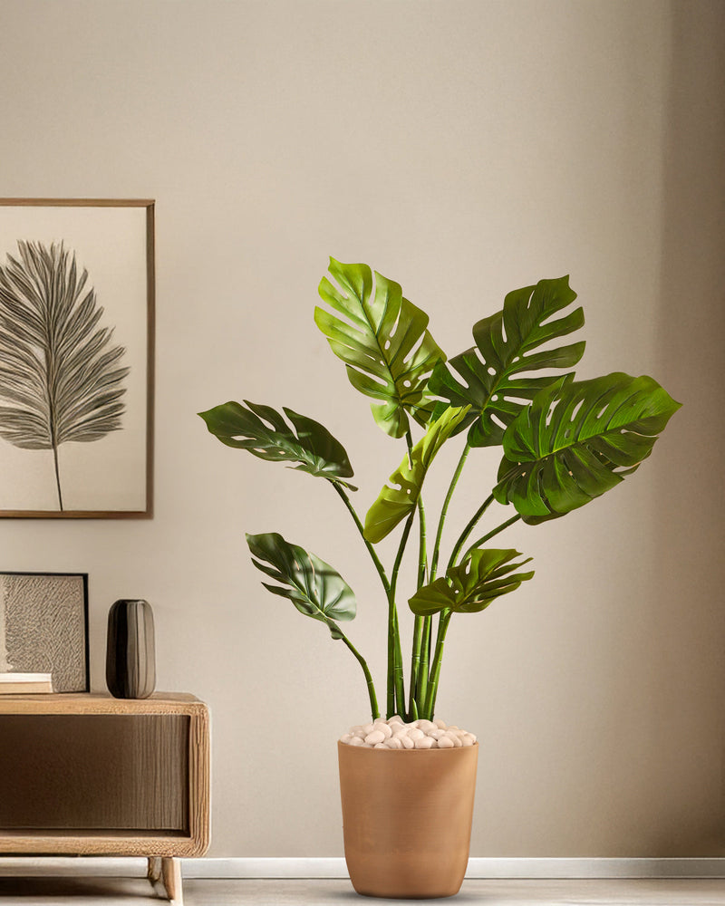 Alamkari India Fabric & Plastic Artificial Monstera Plant in Black Pot (90 cm)
