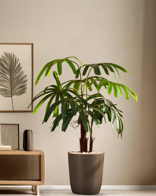 Alamkari India Fabric & Plastic Artificial Rhapis Palm Tree in Black Pot (120 cm)
