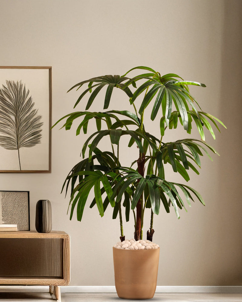 Alamkari India Fabric & Plastic Artificial Rhapis Palm Tree in Black Pot (150 cm)