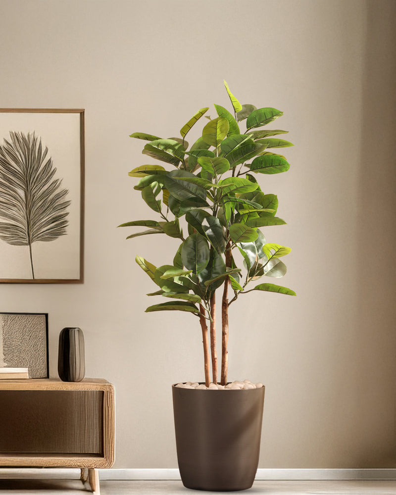 Alamkari India Fabric & Plastic Artificial Rubber Tree in Black Pot (120 cm)