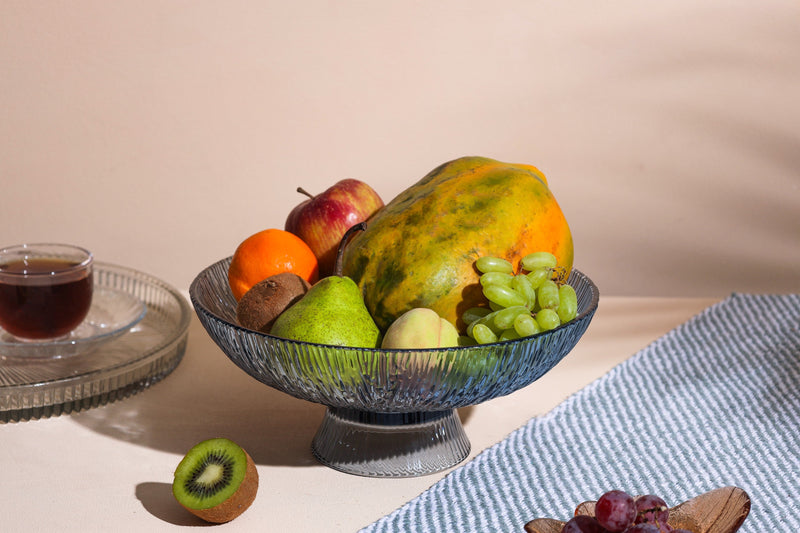 Alamkari India Glass Smokey Grey Ribbed Glass Fruit Bowl