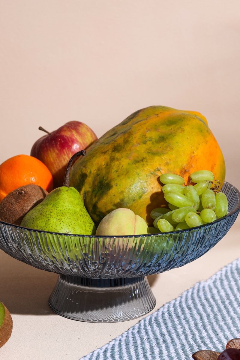 Alamkari India Glass Smokey Grey Ribbed Glass Fruit Bowl