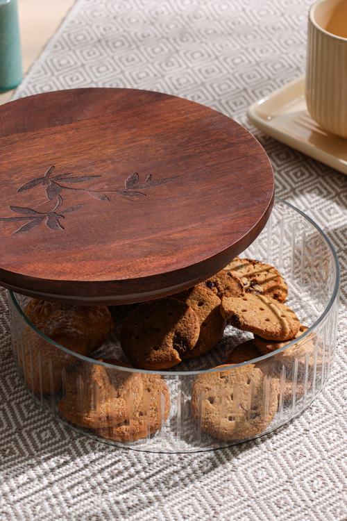 Alamkari India Glass & Wooden Glass Cookies Jar with Wooden lid